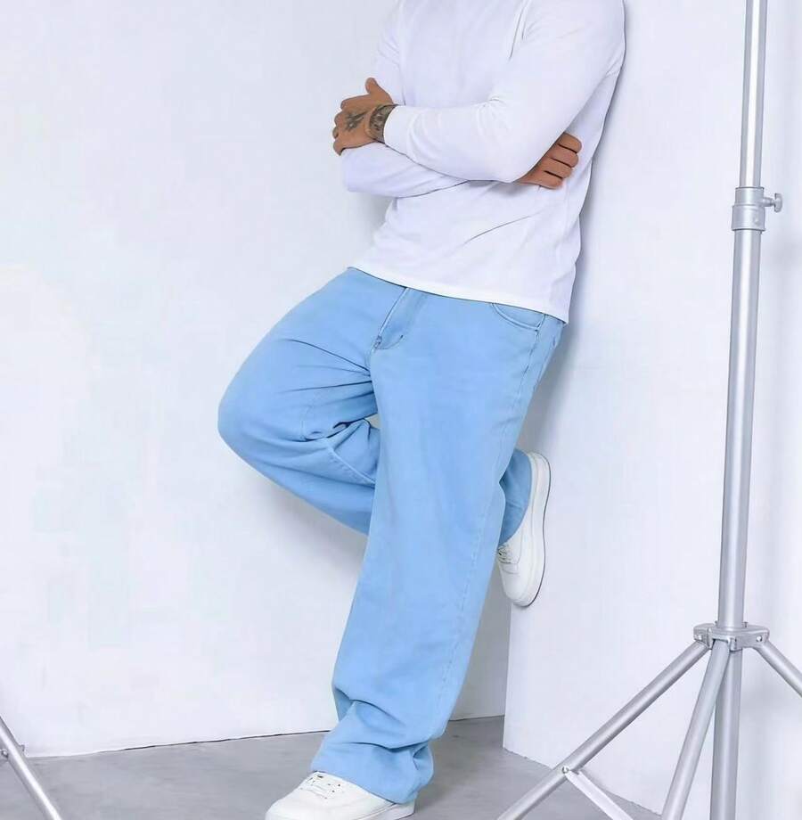 Men's Street Style Gray Loose And Casual Jeans, Straight Cut Washed Gray Jeans - 淺色水洗藍 - 查看 1