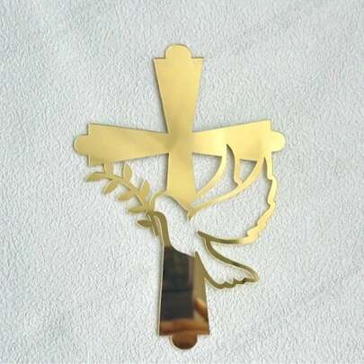 4pcs Elegant Gold Acrylic Cross Cake Topper With Dove Design - Perfect For Baptism, First Communion And Communion Celebrations, No Power Needed, Communion Decor | Dove Pattern Decor | Delicate Feather Design, Communion Decor