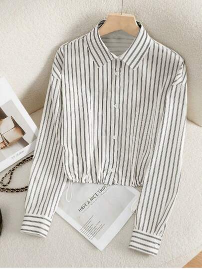 AuroraSilk Women's Elegant Blouse, Striped Button-Down Long Sleeve Shirt, Suitable For Spring, Summer, Fall, Daily Commute And Dates