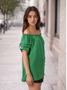 Camicetta da donna a balze con maniche a volant - Top con scollo a U e spalle scoperte - Maglietta estiva a maniche corte multistrato - Maglietta casual dalla vestibilità ampia - Verde - Visualizzare 2