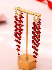 1 Pair Minimalist Fashionable Elegant Vintage Long Tassel Heart Dangle Earrings - Burgundy - View 3