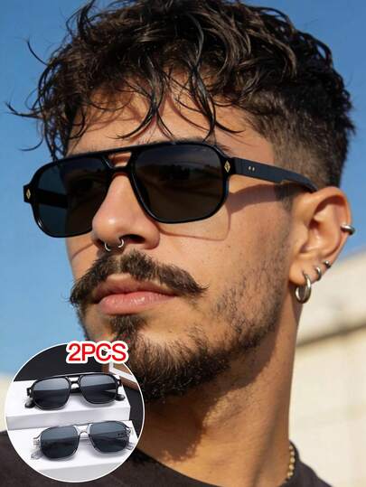 2 PCS Men's Aviator Fashion Glasses Solid Color Polycarbonate Frame Casual Style Lightweight Suitable For Daily Commute With Glasses Box