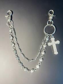 交叉裤链，带龙虾扣吊坠的腰链，钱包链，复古链，双层链，嘻哈朋克风，牛仔裤链，口袋链，男士钥匙链，多元素裤链 - 古銀色 - 查看 3