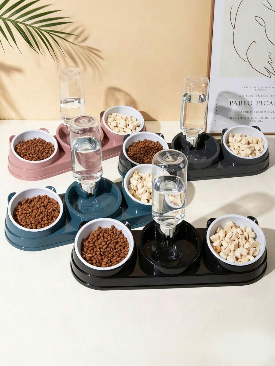 1 Set 2-In-1 Cat Food And Water Bowls, Dry And Wet Separated Design, Durable Plastic Easy To Clean, Slanted Design To Protect Pet's Neck. Suitable For Cats And Small Dogs Water And Food Bowls, Providing Water And Healthy Feeding For Multiple Pets. - Multicolor - View 1