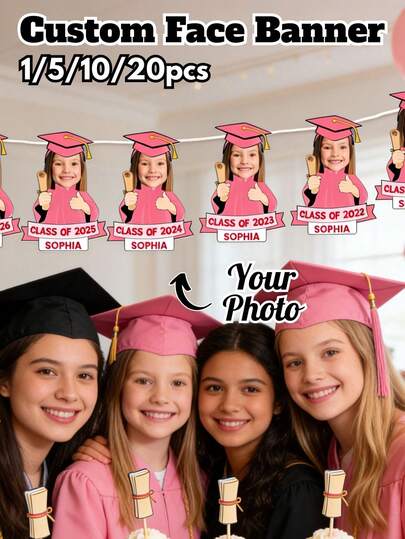 Băng rôn hình mặt người theo yêu cầu, Băng rôn tiệc tốt nghiệp cá nhân hóa, Băng rôn mũ tốt nghiệp trung học, Bộ cắt giấy hình mũ tốt nghiệp đại học theo yêu cầu; Dùng cho lễ tốt nghiệp, lễ kỷ niệm, tiệc trường học, trang trí tiệc, tựu trường, quà tặng con trai/con gái, quà Giáng sinh; Hình cắt giấy mặt người cỡ lớn.