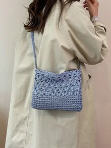 Summer Fashion Versatile Casual Handwoven Large Capacity Beach Straw Crossbody Bag - Blue - View 5