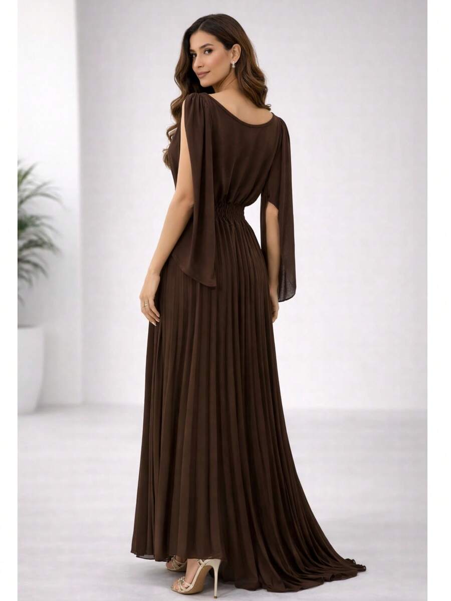 Long Pleated V-Neck Dress, Perfect For Bridesmaids, Weddings, Graduations, And Parties - Rust Brown - View 1