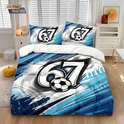 3pcs Set (1 Duvet Cover + 2 Pillowcases, No Filler), Classic Black & White Creative Football And Trending Number 67 Digital Printing Design, Sports Blue Soft & Skin-Friendly, Suitable For All Seasons. Available In Multiple Sizes Including Plus Size To Meet Different Needs, Suitable For All. Zipper Closure, Machine Washable, Also Suitable As A Gift, Applicable For Hotel, Bedroom, Room, Dormitory And Other Bedding Decoration.