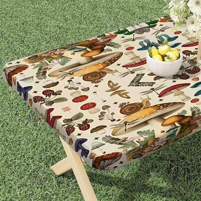 1pc Outdoor Elastic Tablecloth, Mushroom Design Rectangular Tablecloth, Suitable For Camping Picnic, Dust-Proof Oil-Proof Table Surface Protection, Essential Outdoor Decor