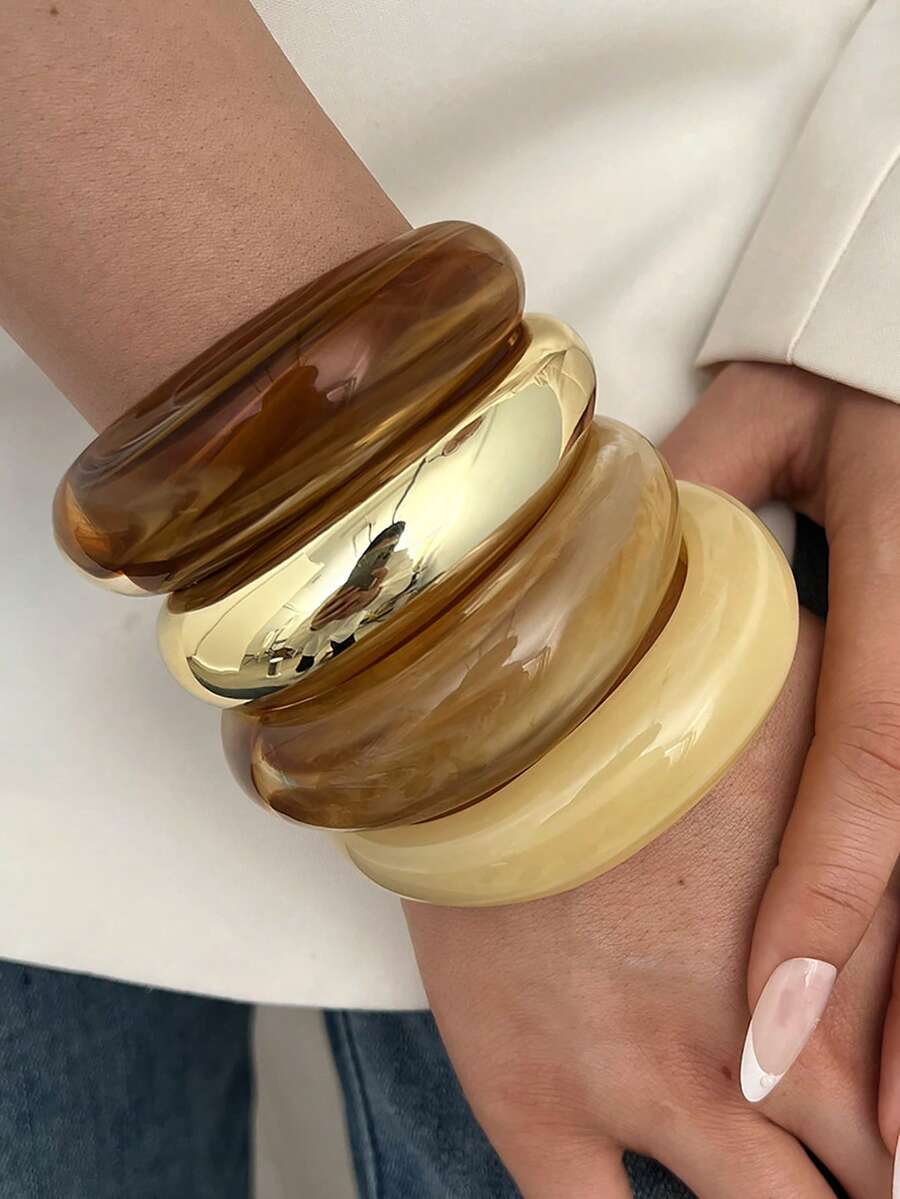 4件套复古优雅波西米亚风女士亚克力树脂C形几何波浪条纹开口手镯套装，适合日常、度假、约会、婚礼、叠戴、节日礼物 - 多色2 - 查看 1