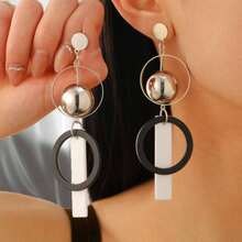 Retro Style Round Acrylic Hoop Earrings, Suitable For Women's Daily Wear - Black and White - View 3
