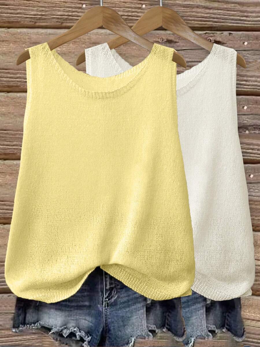 Bộ 2 áo tank top dệt kim dáng rộng cổ tròn màu trơn bán xuyên thấu, phong cách casual cho đi biển nghỉ mát mùa hè - màu trắng vàng - Xem 1