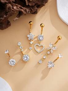 6件套18K镀金不锈钢肚脐环套装，蝴蝶、心形、双心形镶嵌锆石，经典女士穿刺饰品，节日佩戴 - 金黃色 - 查看 3