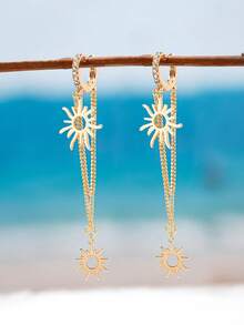 1 Pair Golden Color Spiral Sun Sunburst Dangle Earring For Women - Minimal Huggie Hoop With Chain And Sunshine Pendant - Summer Bohemian Jewelry - Sun Earrings - View 2