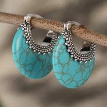 1 Đôi bông tai khoen tròn kiểu Bohemian thanh lịch, được trang trí bằng đá ngọc lam nhân tạo, là phụ kiện lý tưởng cho các bữa tiệc và tụ họp, cũng như là món quà tuyệt vời cho các lễ hội. - Màu xanh lam - Xem 3