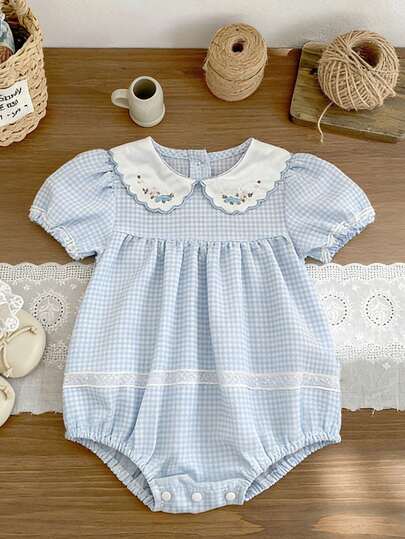 女婴夏季刺绣彼得潘领连体衣