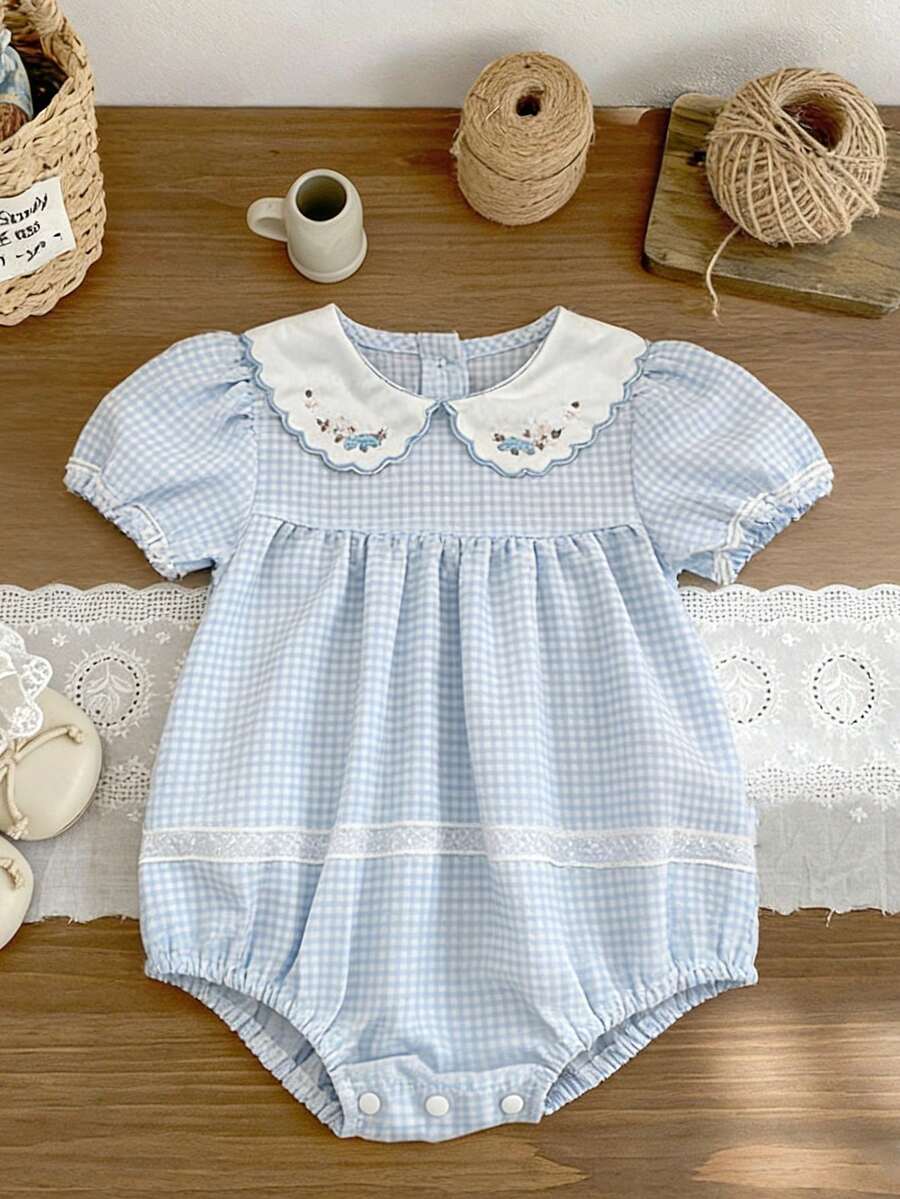 女婴夏季刺绣彼得潘领连体衣