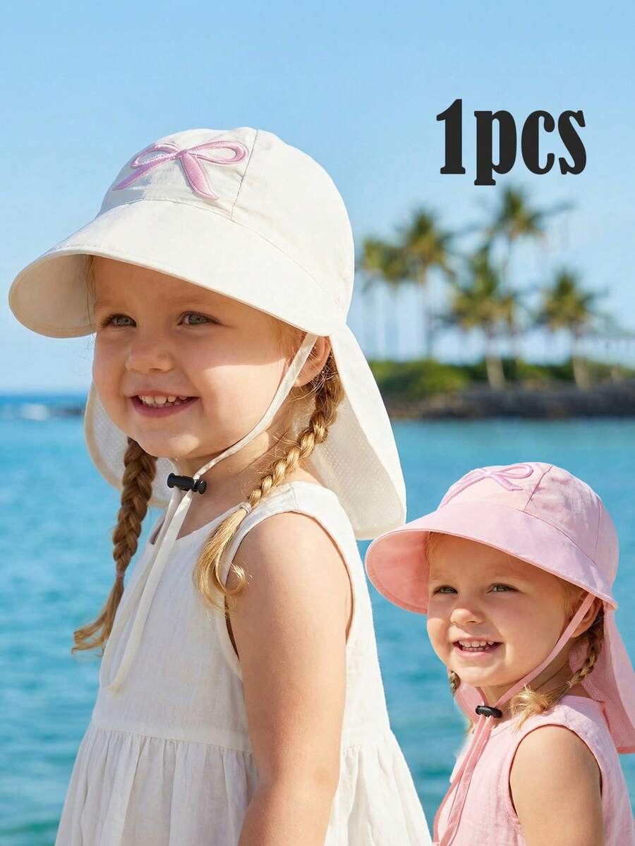 1pc Girls' Summer Hat, Fashionable Embroidered Bucket Hat, Girls' Versatile Sun Protection Wide Brim Beach Hat - 1PC - View 1