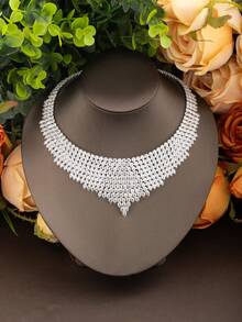Bộ trang sức cao cấp đính đá Cubic Zirconia sang trọng, gồm 1 đôi bông tai, 1 dây chuyền, 1 vòng tay, 1 nhẫn, thích hợp cho đám cưới và tiệc tùng, không kèm hộp quà. - Bạc - Xem 3