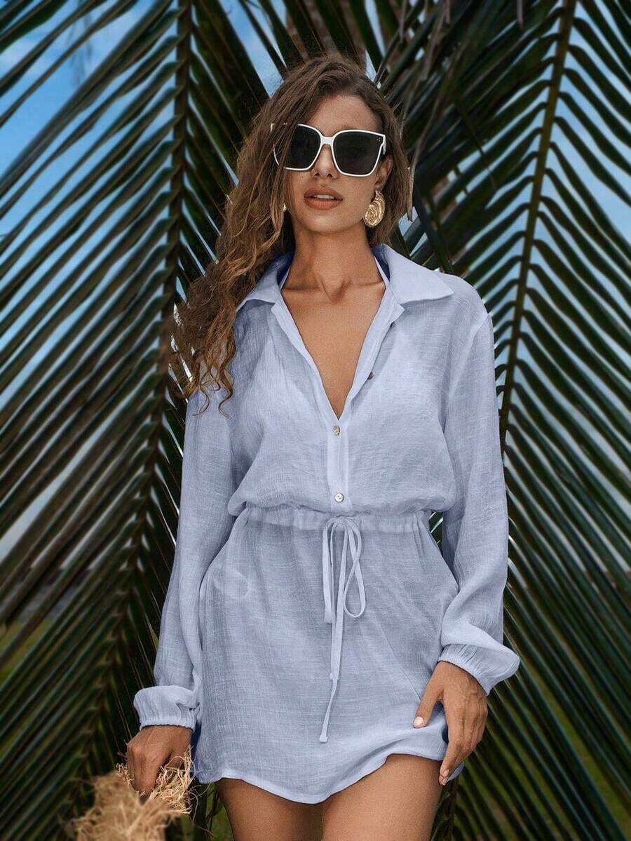 Swim Vcay Beach Vacation Women's Elegant Casual Pullover Shirt With Buttons, Tie-Bow Sleeve Cover Up, Minimalist Short Versatile Beach Dress Summer - 淺藍色 - 查看 1