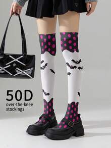 1/2 Đôi tất nữ 50D hơi trong suốt in hình dơi hồng và chấm bi - Món quà Halloween dễ thương, ngộ nghĩnh, tất dài đến đầu gối in chuyển nhiệt 360 độ. - Nhiều màu - Xem 1