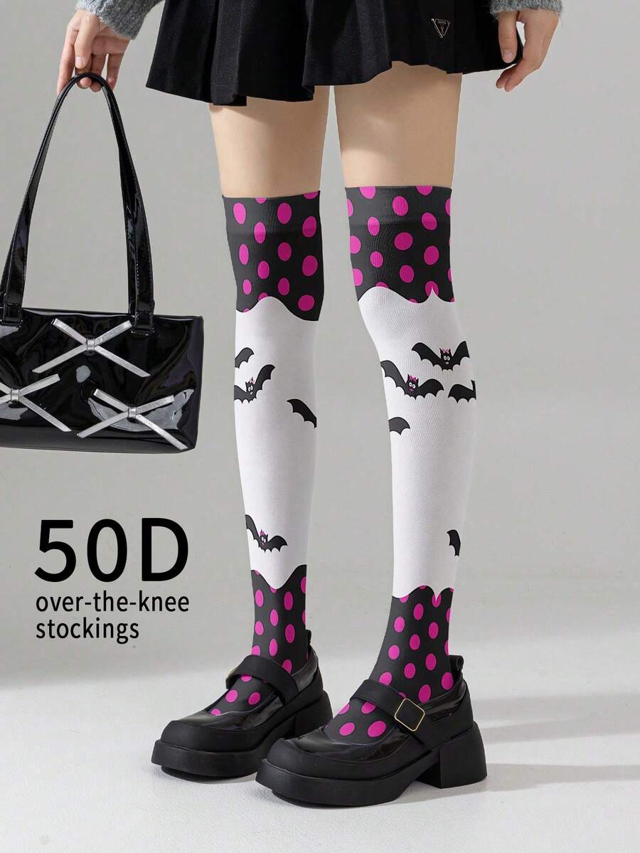 1/2 Đôi tất nữ 50D hơi trong suốt in hình dơi hồng và chấm bi - Món quà Halloween dễ thương, ngộ nghĩnh, tất dài đến đầu gối in chuyển nhiệt 360 độ. - Nhiều màu - Xem 1