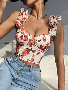 Áo corset dây bèo nhún in hoa màu cam - trái cam - Xem 3