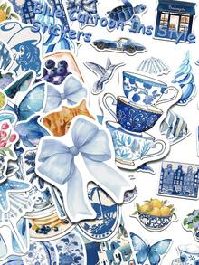 50张蓝色卡通ins风贴纸，适用于手机、笔记本电脑、滑板、行李箱、头盔等，涂鸦美学贴纸，礼品之选 - A - 查看 1