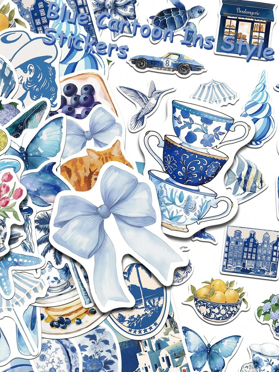 50张蓝色卡通ins风贴纸，适用于手机、笔记本电脑、滑板、行李箱、头盔等，涂鸦美学贴纸，礼品之选 - A - 查看 1