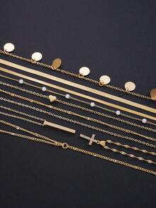 10件套时尚简约优雅水晶十字架和心形仿珍珠金色项链套装，适合女性在假期、派对、宴会、节日、生日、日常佩戴。 - 金黃色 - 查看 7