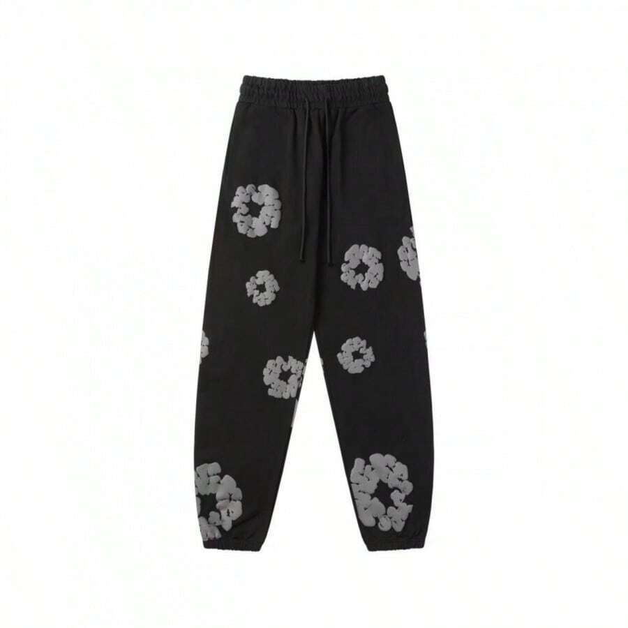 1pc Spring And Autumn New Fashionable 350g 100% Polyester Foam Printed Sports Pants, Couple Style Women's And Men's Sports Sanitary Pants Couple Sports Pants - 黑色褲子 - 查看 1