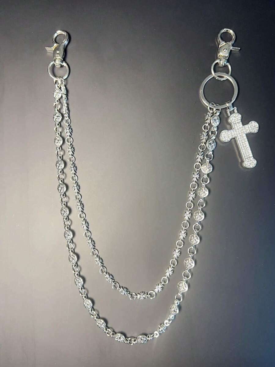 交叉裤链，带龙虾扣吊坠的腰链，钱包链，复古链，双层链，嘻哈朋克风，牛仔裤链，口袋链，男士钥匙链，多元素裤链 - 古銀色 - 查看 1