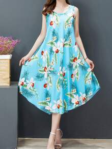 Summer New Style Elegant Women's Round Neck Printed Sleeveless Long Skirt Dress Spring Outfits For Women Primavera A Verano Resort Wear Women Mardi Gras Dresses For Women Vestidos Elegantes De Mujer Y2k Clothes Women Easter Dresses For Women Easter Outfit Women Women Clothes - 藍色 - 查看 2