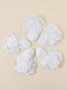 5双装女童袜子/校袜，白色休闲荷叶边袜，可爱蕾丝边袜，亲肤柔软时尚公主袜，百搭舒适中筒袜，适合返校、日常穿着、节日礼物 - 白色 - 查看 5