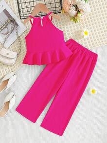 Young Girl' Summer Sleeveless Ruffled Hem Solid Color Casual Jumpsuit - Hot Pink - View 2