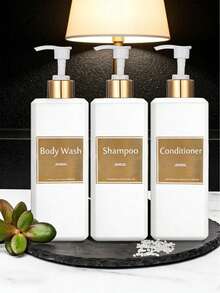 3pcs/Set 500ml Shampoo, Conditioner, Shower Gel Bottle Set, Bathroom Bottle Set With Gold Waterproof Label - Rectangular White Bottle - View 2