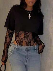 Women's Sexy Sheer Lace Short Sleeve Crop Top, Solid Color Lace Patchwork See-Through Sexy Bodysuit For Daily Wear, Dating, Single Party, Stage Performance, Spring/Summer Black - Chocolate Brown - View 10