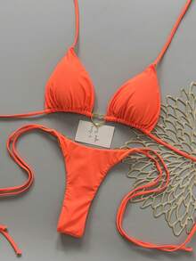 Conjunto de bikini y tanga triangular de unicolor con escote halter sexy para mujer, ideal para la playa en verano - Naranja - Ver 2