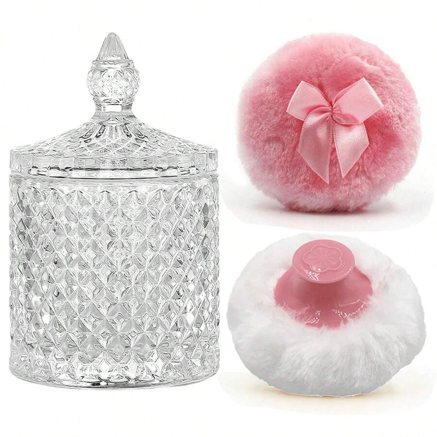 Luxury 4 Inch Glass Powder Container With 2 Soft Puffs For Loose Powder - 1 Handle 1 Bow Pink Puffs With Pointed Cylinder-clear-large - View 1