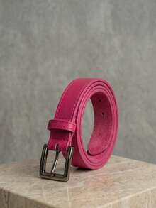 Women's Set Of Belts With Metallic Roller Buckle In Minimalist Faux Leather - Pink and Black - View 8
