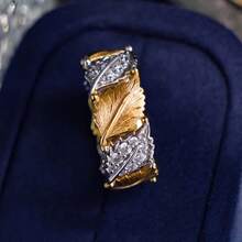 Damen Vintage Zweifarbiger Ahorn Blatt Zirkonia Cut Out Offener Ring - Gold - Übersicht 2