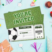 10/30张绿色草地足球图案派对邀请函，适合男孩女孩派对、足球主题生日派对卡片 - A - 查看 4