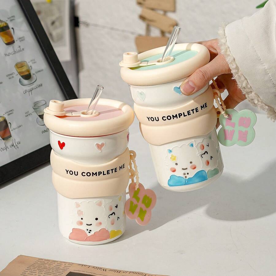 Cốc sứ 17oz có ống hút, thiết kế đôi với mặt dây chuyền, men tráng nổi tinh xảo, cốc cà phê/trà sữa phong cách Ins, tiện dụng cho gia đình/văn phòng/nhà hàng, an toàn khi sử dụng trong lò vi sóng và máy rửa chén, món quà lý tưởng cho bạn gái, sinh nhật, kỷ niệm. - Nhiều màu - Xem 1