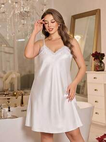 Plus Size White Satin Robe Set, Women Lace Trim Long Kimono Robe And Nightgown 2 Pieces Silk Like Loungewear - White - View 5
