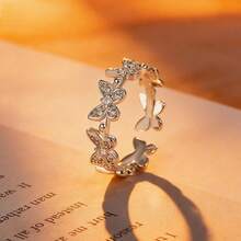 1pc S925 Silver Butterfly Design Synthetic Zirconia Ring, Adjustable Open Band, Elegant & Classy Daily Wear Jewelry For Women - Silver - View 8