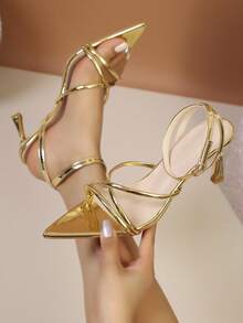 Sandales à talons hauts à bout pointu avec brides croisées  enrobé noir pour femmes. Polyvalentes pour les rendez-vous, les fêtes, sexy, élégantes, les déplacements, chaussures d'été - Doré - Voir 1