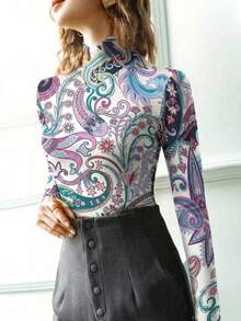 European And American New Arrival Elegant Retro High Collar Fitted T-Shirt, Full Body Print, Long Sleeve Turtleneck Undershirt, Suitable For All Seasons Casual Vacation - Purple - View 2