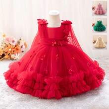 Children's Bohemian Style Off Shoulder Bubble Cuff Skirt - Red Chiffon Layered Skirt, Suitable For Birthday Parties, Wedding Flower Girls, And Summer Performance Outfits - 紅色 - 查看 1
