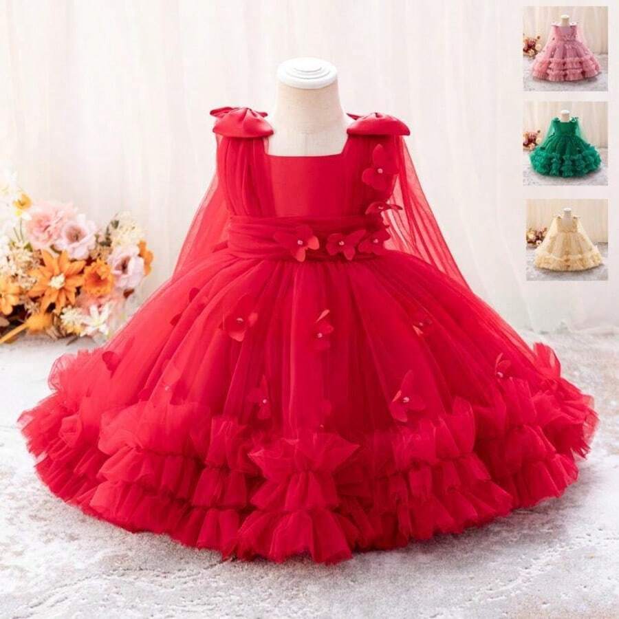 Children's Bohemian Style Off Shoulder Bubble Cuff Skirt - Red Chiffon Layered Skirt, Suitable For Birthday Parties, Wedding Flower Girls, And Summer Performance Outfits - 紅色 - 查看 1