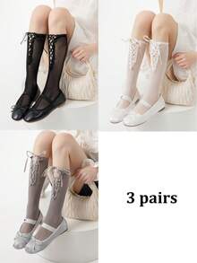 1/3 Pairs Spring/Summer Thin Knee-High Socks, Ballet-Style Criss-Cross Leg Warmers, Lolita Bow Knee Socks, Mesh Hollow Thigh-High Socks, No-Show Ankle Socks, Straight-Cut Socks - Multicolor - View 27